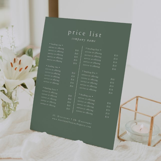 Preisliste von EMELIA Sage Green Business Services Sockelschild (EMELIA Sage Green Business Services Price List Pedestal Sign)