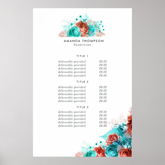 Preisschild für Türkis und Korallenflorale Poster (Vorne)