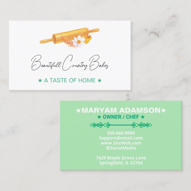 Premade Rolling Pin Logo | White Mint Green Bakery Visitenkarte (Vorne/Hinten)