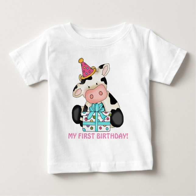 Premier anniversaire fille vache bébé t-shirt (Devant)