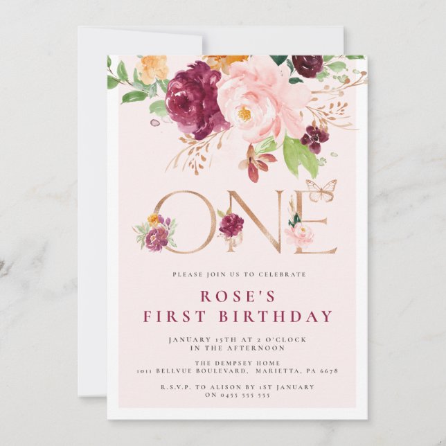 Premier anniversaire Invitation safran Rose Papill (Devant)