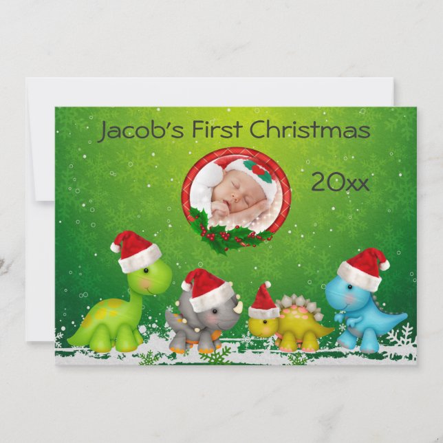 Premier Carte photo de dinosaures de Noël du bébé (Devant)