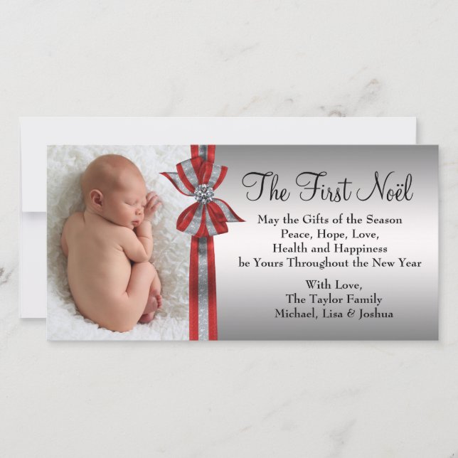 Premier Carte photo de Noël du bébé en argent roug (Devant)