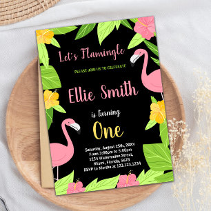 Premier Flamant rose vert noir Invitations d'anniv