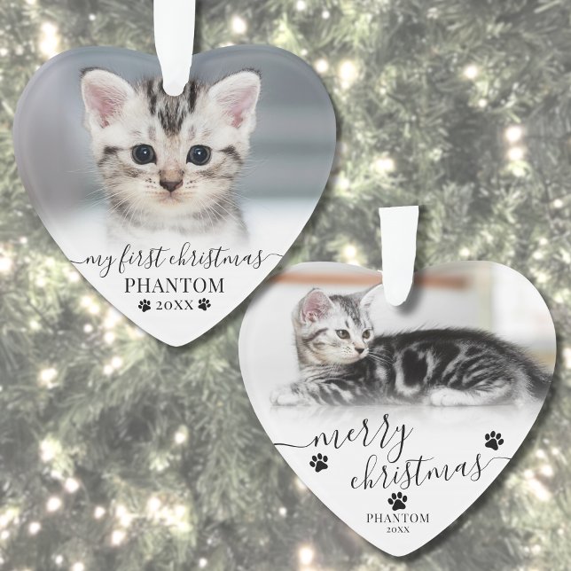 Premier Noël d'Animal de Compagnie Photo de Chat e (Pet First Christmas Script Cat Photo Heart Ornament )