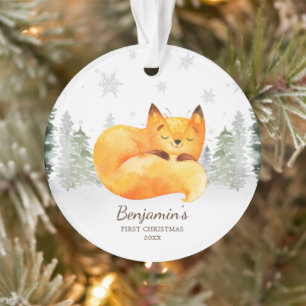 Premier Noël du bébé Fox de la forêt d'aquarelle