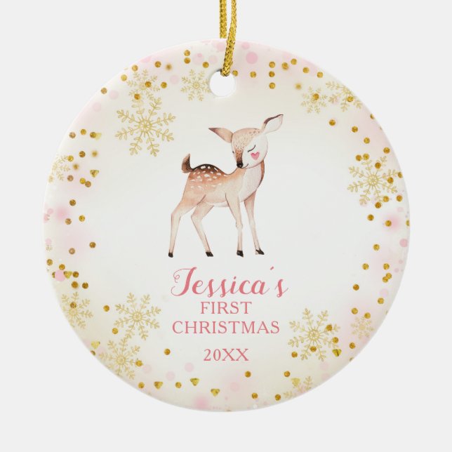 Premier ornement de Noël du bébé cerf rose (Devant)
