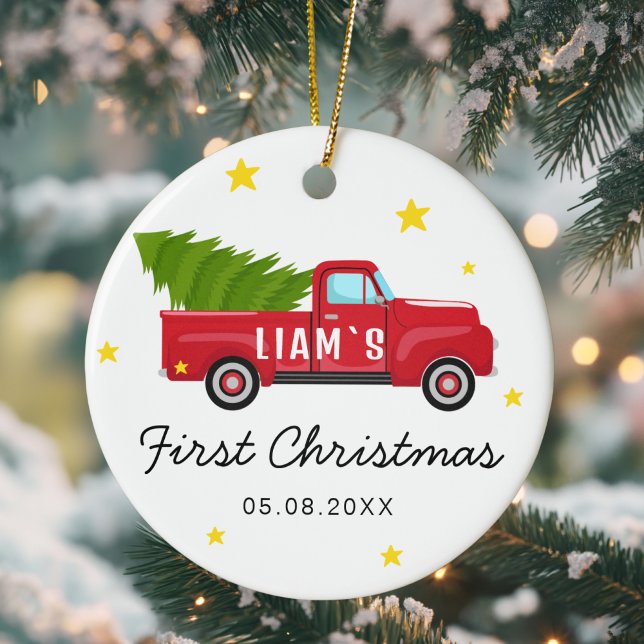 Premier ornement de Noël pour bébé - Camion Rouge  (Cute Personalized, Baby's First Christmas Ornament – Red Truck, Tree & Stars Design.)
