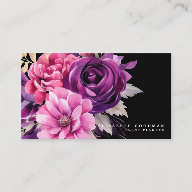 Premier rose violet Floral Cartes de visite noirs (Devant)