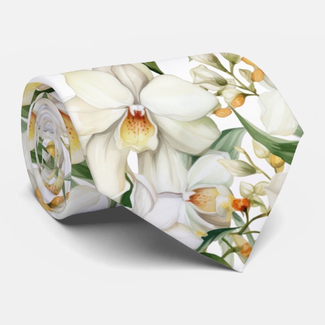 Premier White Orchids Formal Sharp Neck Tie Krawatte (Gerollt)