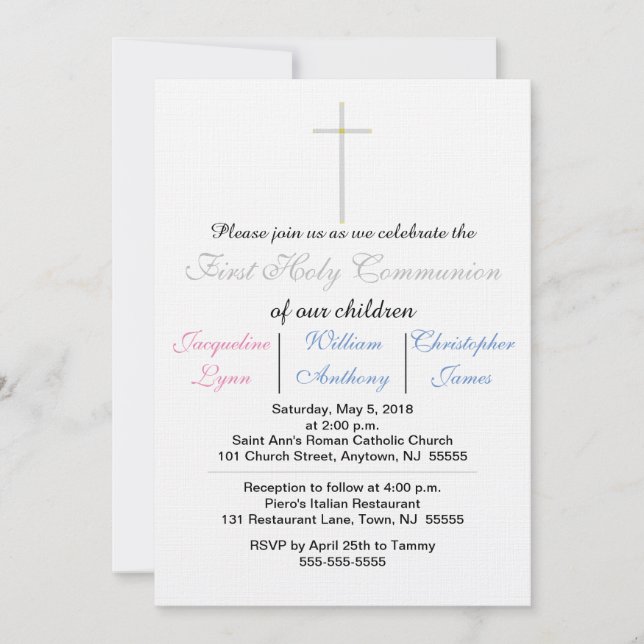 Première Communion bleu rose Triplets Invitation (Devant)