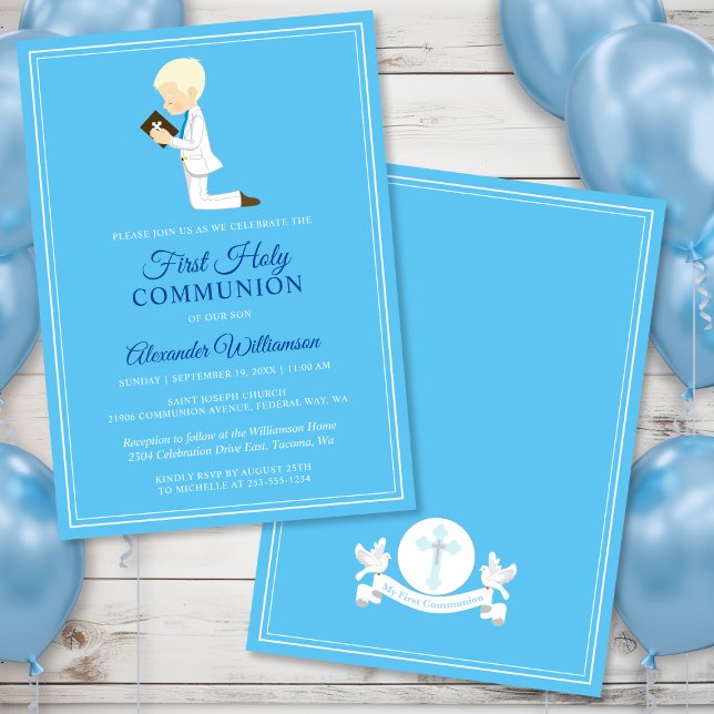 Première communion Blond Boy Blue Invitation (First Communion Blond Boy Blue Invitation)