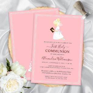 Première Communion Blonde Girl Pink Invitation