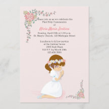 Première communion Brunette Girl Pink Invitation
