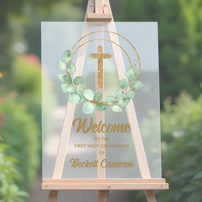 Première communion Eucalyptus moderne Accueil (Modern eucalyptus First Communion party Welcome acrylic sign)