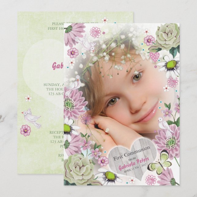 Première Communion Florale | Invitations de photos (Devant / Derrière)