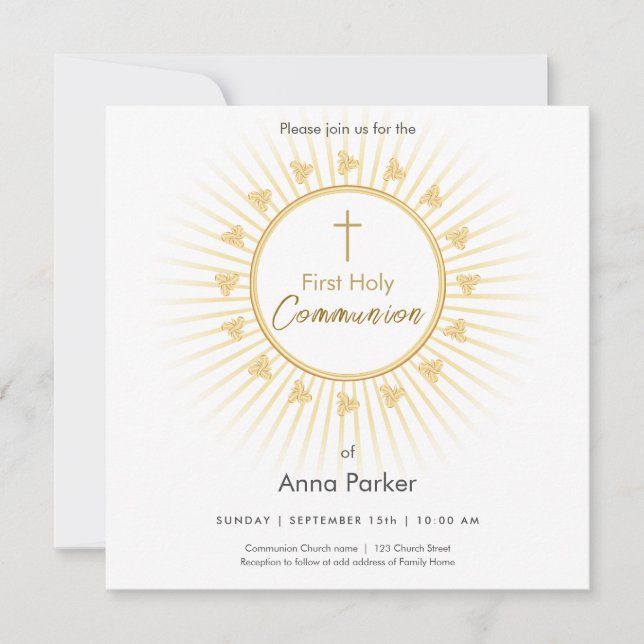 Première Communion Gold avec Croix, Invitation (Devant)