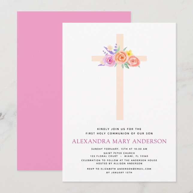 Première Communion Pastel Floral Pink Invitation (Devant / Derrière)