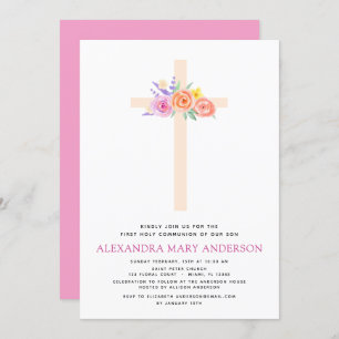 Première Communion Pastel Floral Pink Invitation