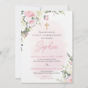 Première communion rose rousse Invitation pour fil