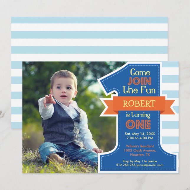 Première fête d'anniversaire Blue Boy Invitation (Devant / Derrière)