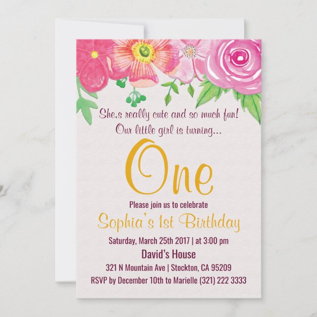 Première fille 1er Floral Anniversaire Invitation (Devant)
