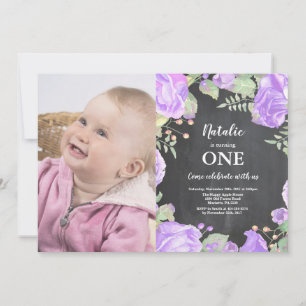Première invitation d'anniversaire 1 an Fleurs vio