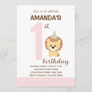 Première invitation d'anniversaire de lion (rose)