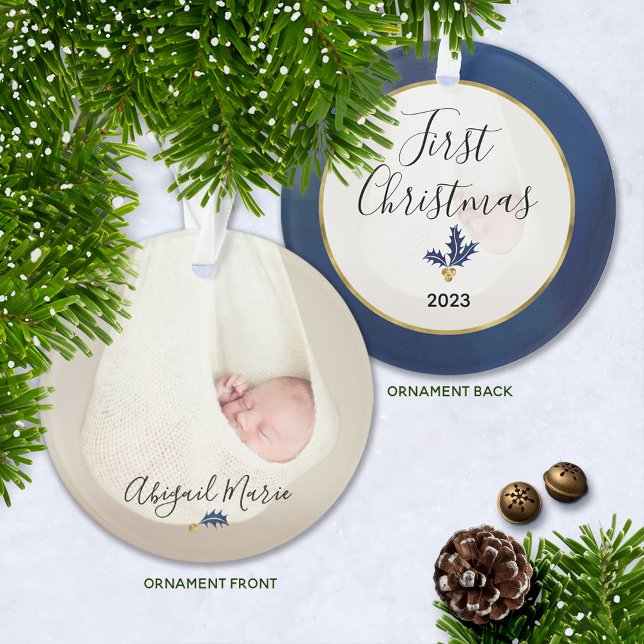 Première photo de Noël Bleu & Or (Baby's First Christmas Dated Keepsake Ornament with Baby's Name and Blue Design Accents )