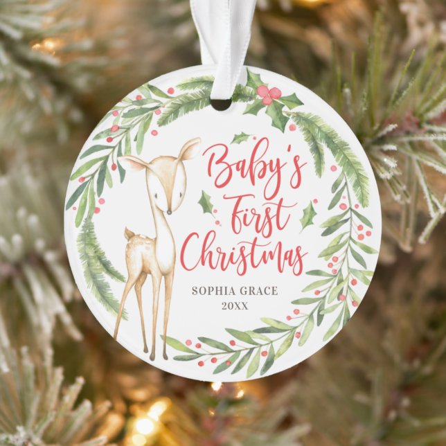 Première photo de Noël de Holly Wreath Deer Baby (Arbre)