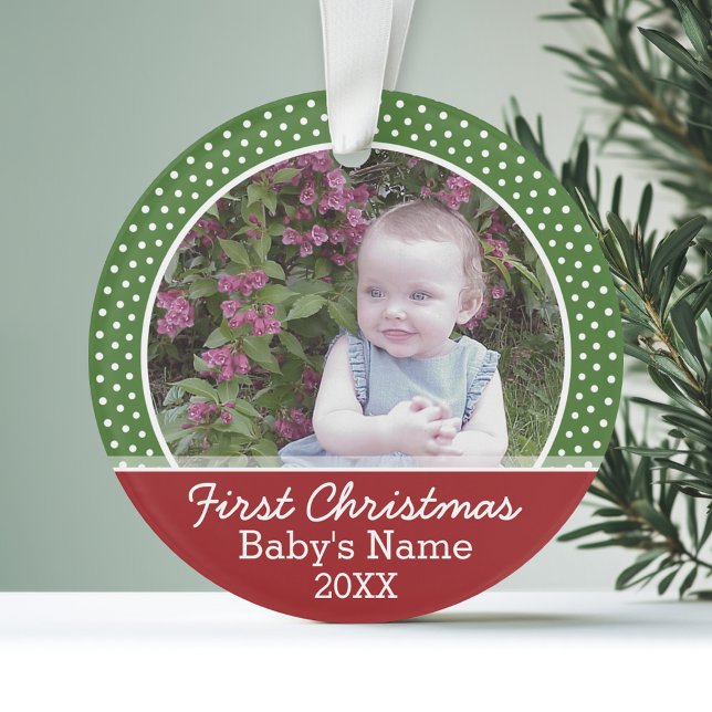 Première photo de Noël du bébé - Rouge et Vert (Personalized Ornament with Photo - First Christmas)