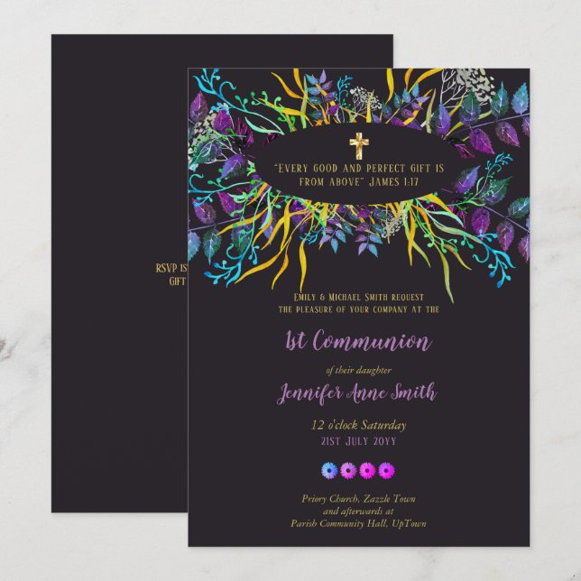 Première Sainte Communion Invitation fille PURPLE  (Devant / Derrière)