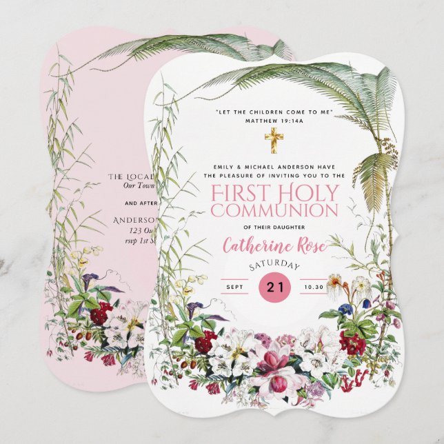 Premières Communion Filles Rose Floral Invitations (Devant / Derrière)