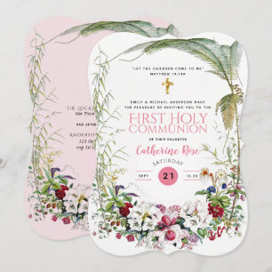 Premières Communion Filles Rose Floral Invitations