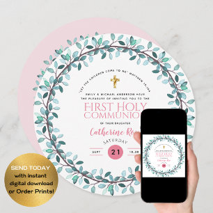 Premières Communion Filles Rose Floral Invitations