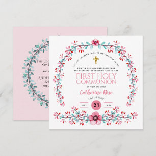 Premières Communion Filles Rose Floral Invitations
