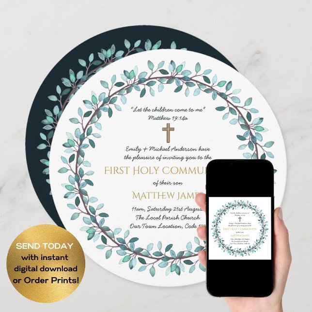 Premières Communion Garçons Blue Wreath Invitation (Créateur téléchargé)