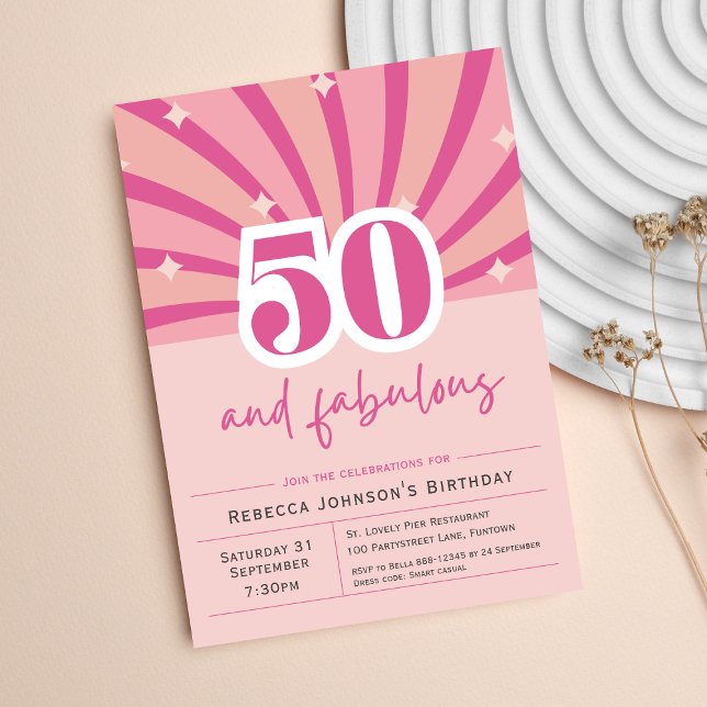 Premium 50. Geburtstag Einladung Rosa Retro (50th Birthday Invitation, 50 and fabulous retro pink fifty party fun bright colorful)