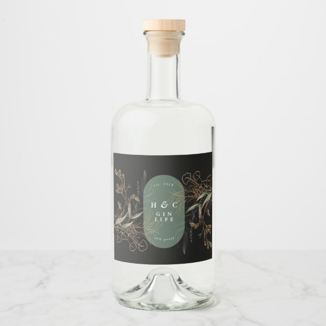 Premium Abstrakt Black Modern Eukalyptus Oval Gin Alkoholflaschenetikett (Vorderseite)