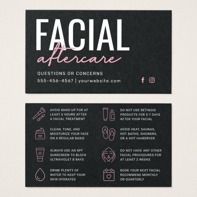 Premium Black Facial Aftercare Instructions Card (Vorne & Hinten)