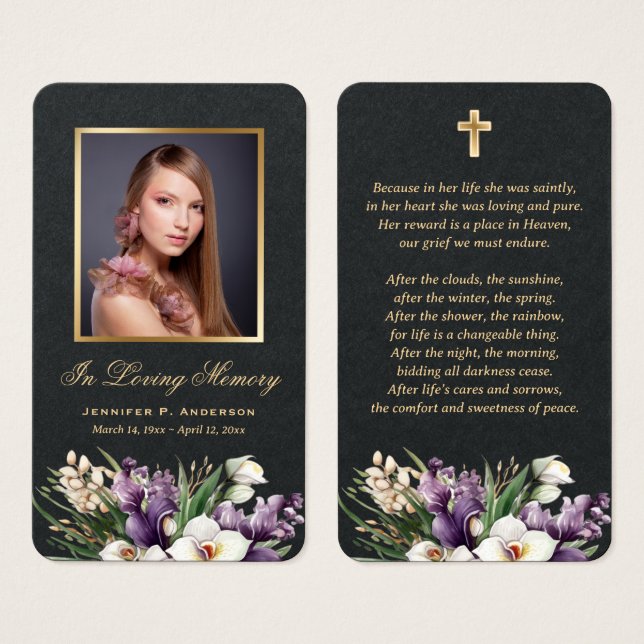 Premium Black Gold Floral Memorial Cards (Vorne & Hinten)