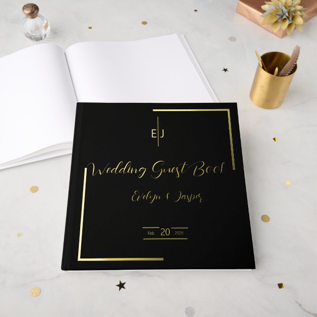 Premium Black Gold Moderne Typografie Gästebuch (Vorderseite Offen)
