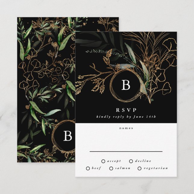 Premium Black Gold Monogram Eukalyptus Wedding RSVP Karte (Vorne/Hinten)