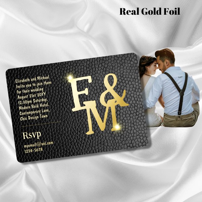 Premium Black Gold Monogram Foto Leather Look Foi Folieneinladung (Von Creator hochgeladen)