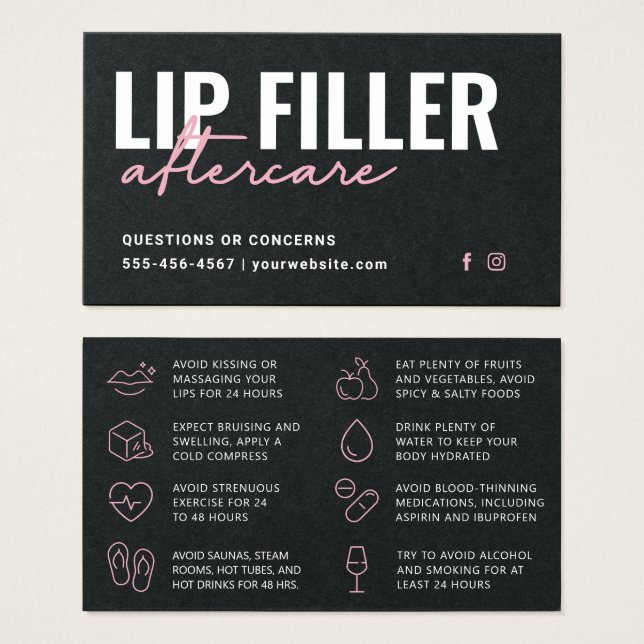 Premium Black Lip Filler Aftercare Advisor Card (Vorne & Hinten)