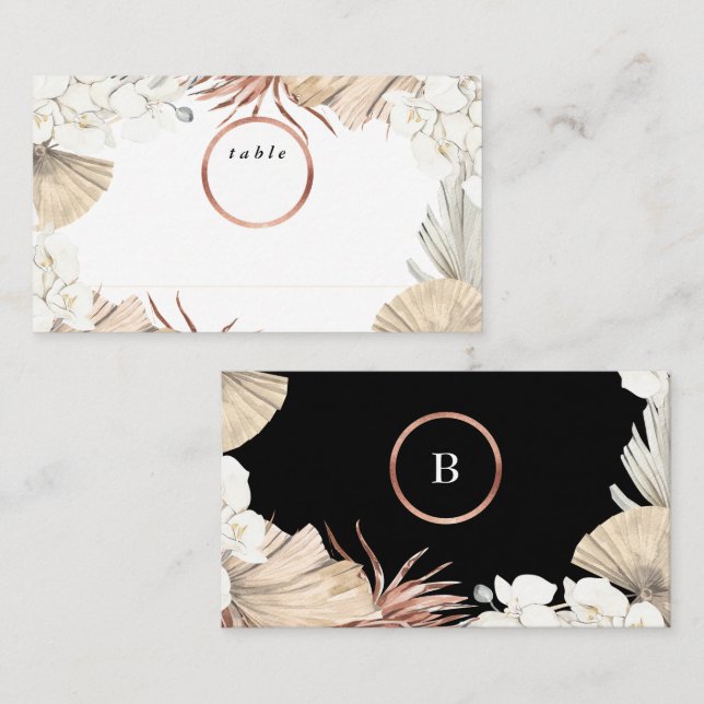 Premium Black Onyx Pampas und Rose Gold Wedding Platzkarte (Vorne/Hinten)
