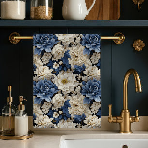 Premium Blau Weiß Elfenbein Floral Küchenhandtuch Geschirrtuch