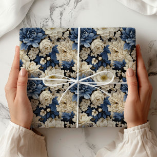 Premium Blau Weiß Elfenbein Floral Luxus Verpackun Geschenkpapier
