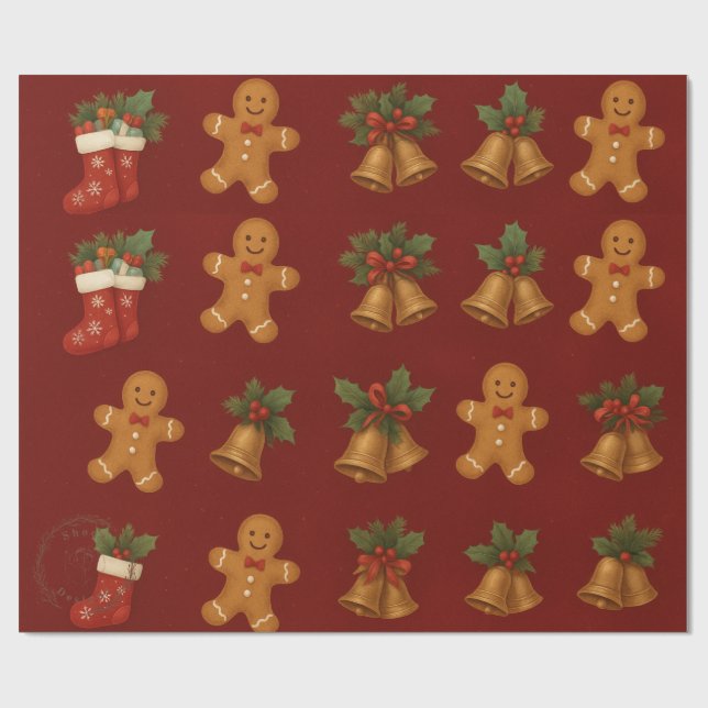 Premium Christmas Wrap – Gingerbread & Bells Geschenkpapier (Flach)