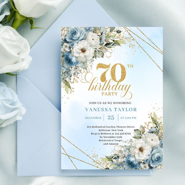 Premium dusty blue florals gold frame 70 birthday einladung (Premium dusty blue florals gold frame 70th birthday)